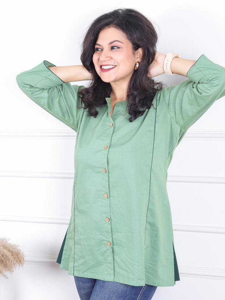 Rani Fern Green Ban Collar with Piping and Button Work Short Cotton Shirt