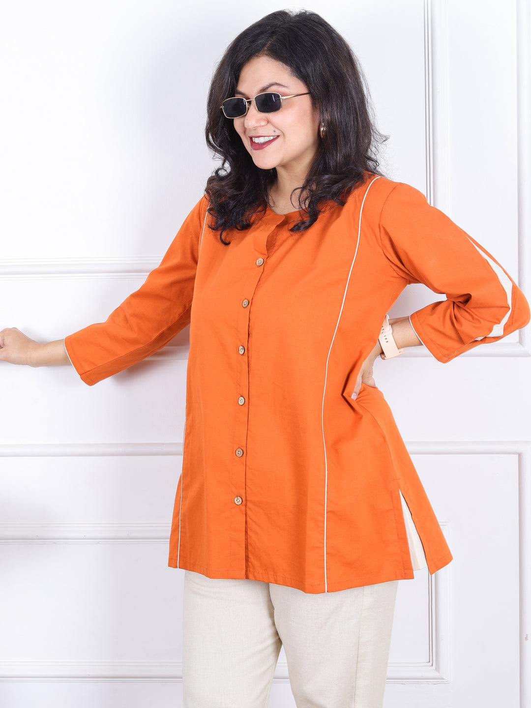 Rani Tangerine Orange Ban Collar with Piping and Button Work Short Cotton Shirt