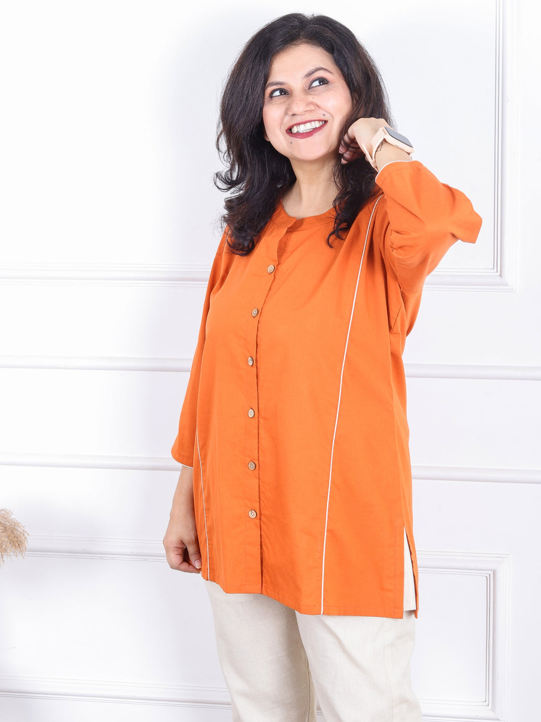 Rani Tangerine Orange Ban Collar with Piping and Button Work Short Cotton Shirt