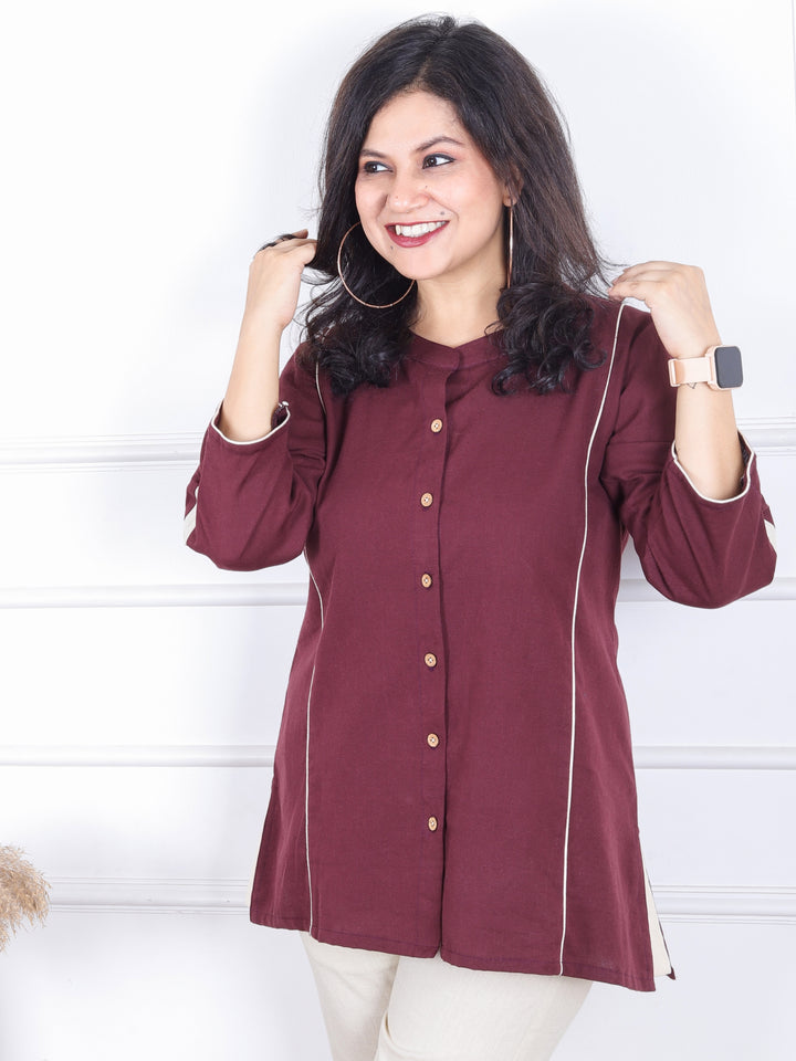 Rani Burgundy Wine Ban Collar with Piping and Button Work Short Cotton Shirt