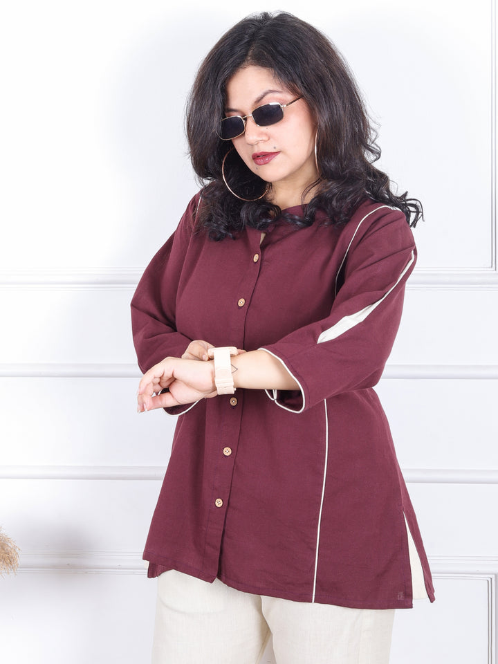 Rani Burgundy Wine Ban Collar with Piping and Button Work Short Cotton Shirt