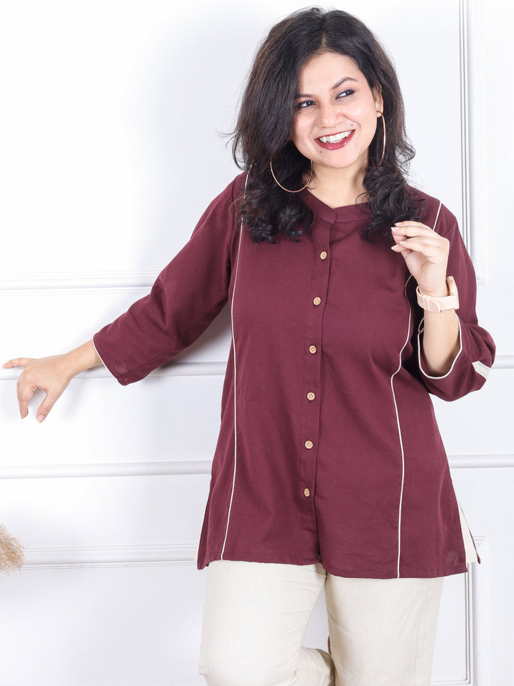 Rani Burgundy Wine Ban Collar with Piping and Button Work Short Cotton Shirt