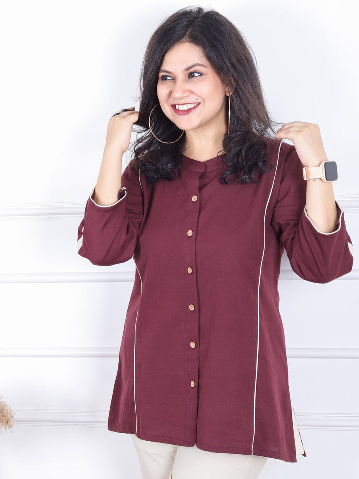 Rani Burgundy Wine Ban Collar with Piping and Button Work Short Cotton Shirt
