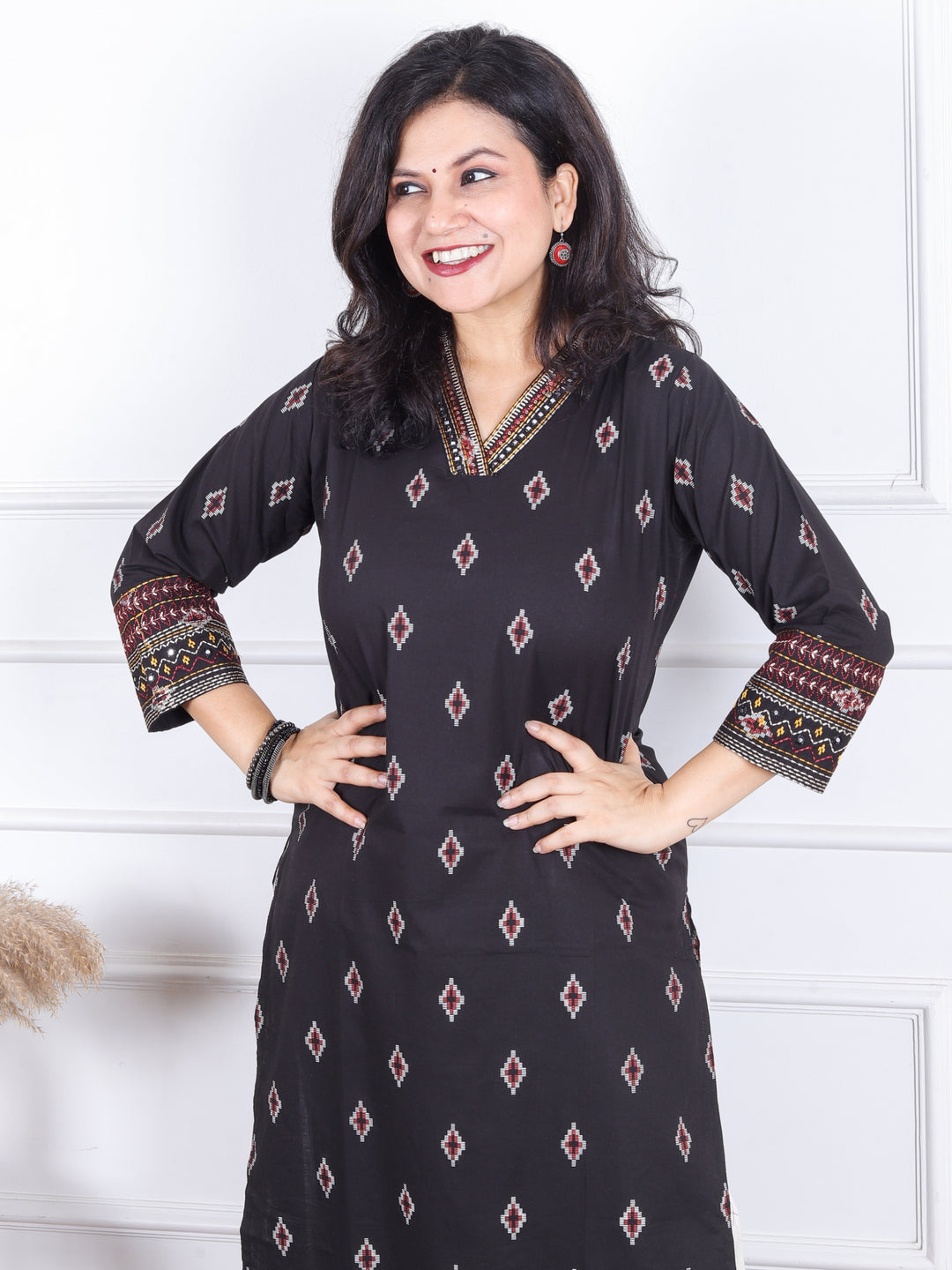 Aahista Ebony Black V Embellish Neck with All Over Pigment Print Work Cotton Kurti