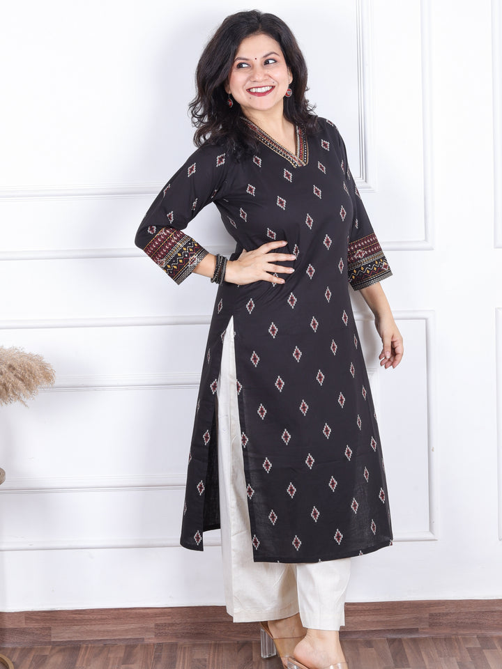 Aahista Ebony Black V Embellish Neck with All Over Pigment Print Work Cotton Kurti