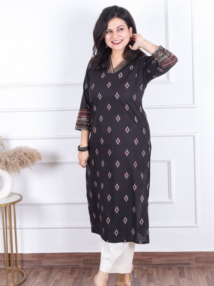 Aahista Ebony Black V Embellish Neck with All Over Pigment Print Work Cotton Kurti
