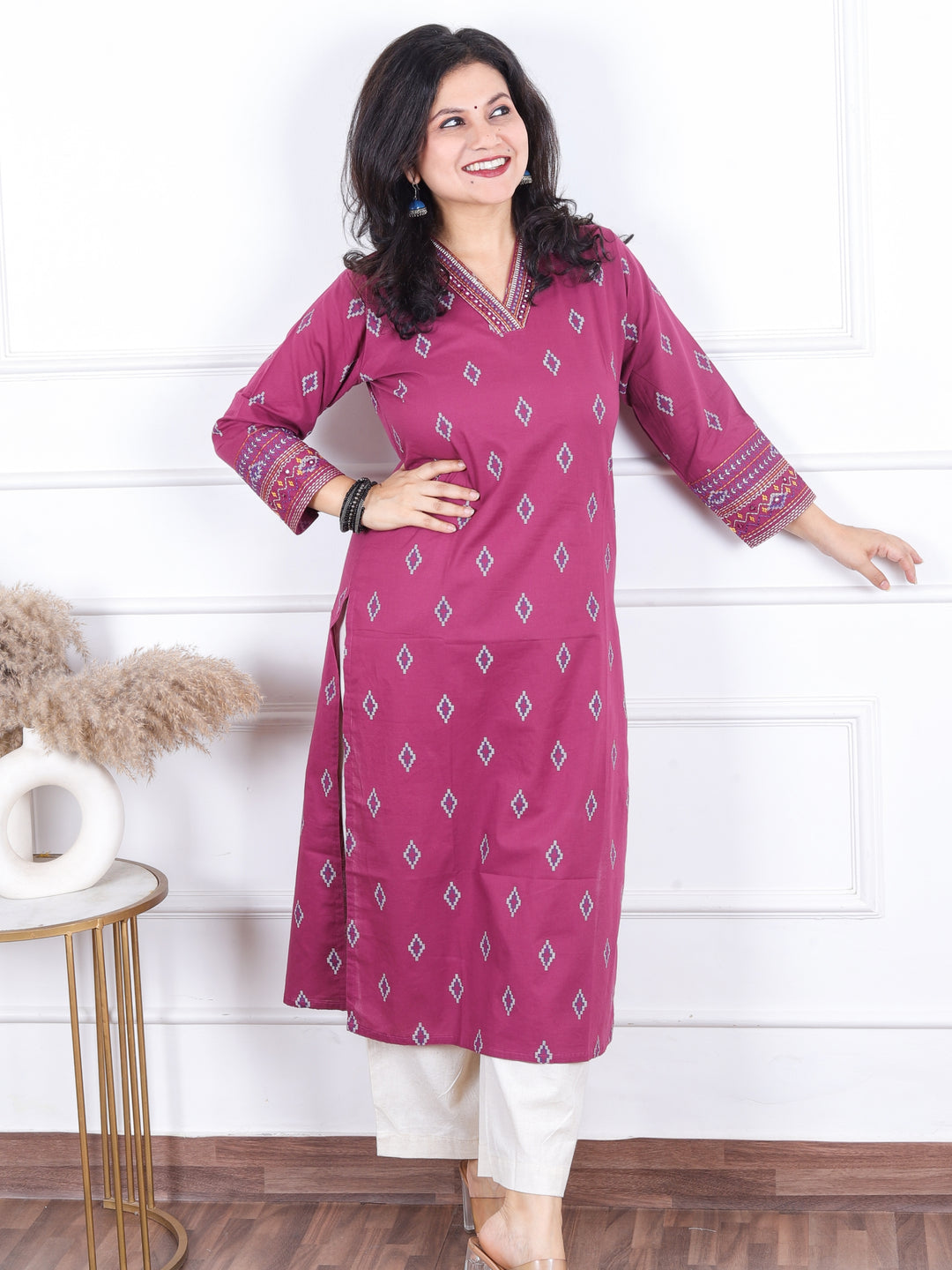 Aahista Opera Purple V Embellish Neck with All Over Pigment Print Work Cotton Kurti