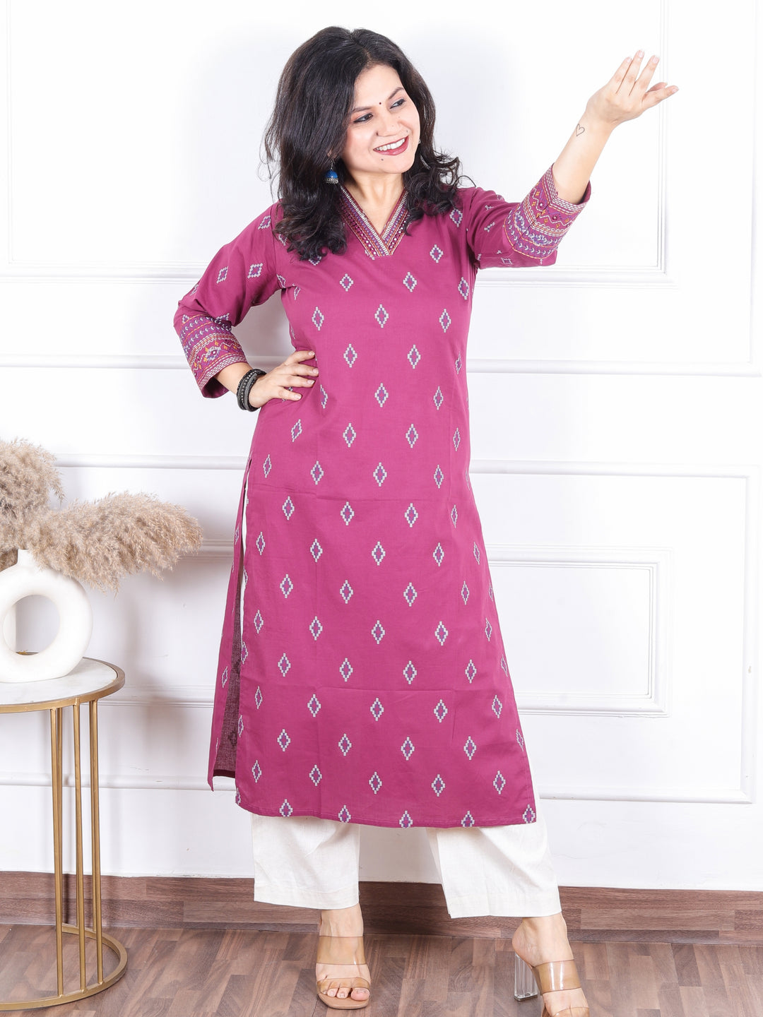 Aahista Opera Purple V Embellish Neck with All Over Pigment Print Work Cotton Kurti