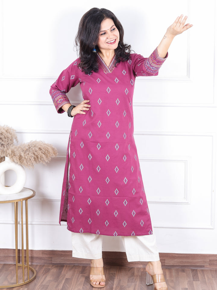 Aahista Opera Purple V Embellish Neck with All Over Pigment Print Work Cotton Kurti