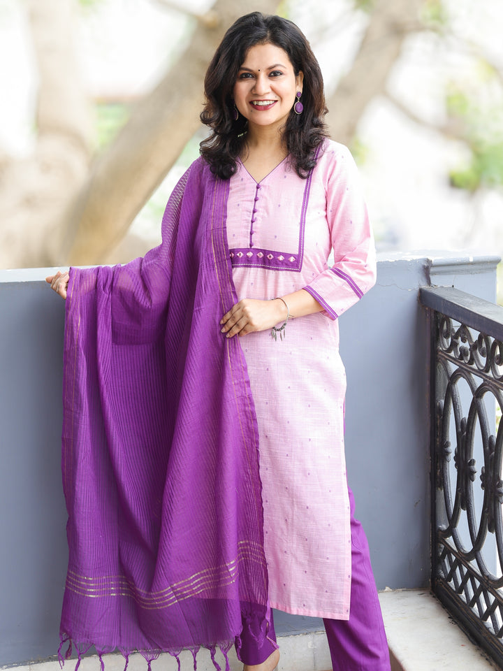Wamiqa Soft Baby Pink Mirror Work with Thread Weaved Handloom Cotton 3 Piece Set