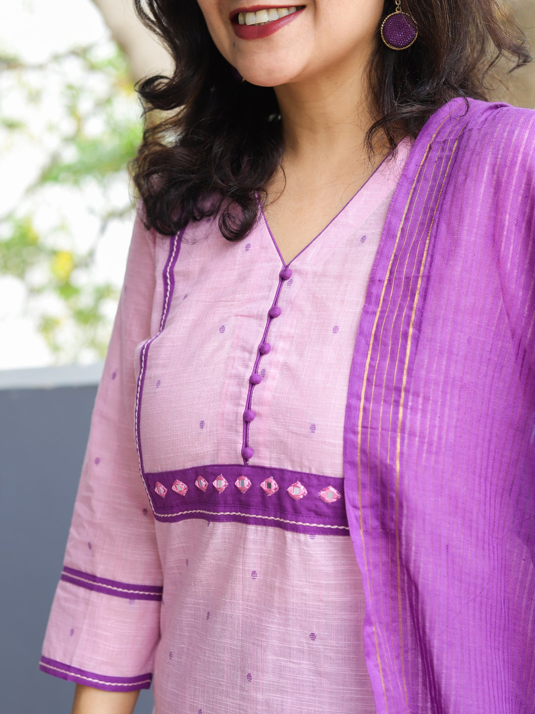 Wamiqa Soft Baby Pink Mirror Work with Thread Weaved Handloom Cotton 3 Piece Set