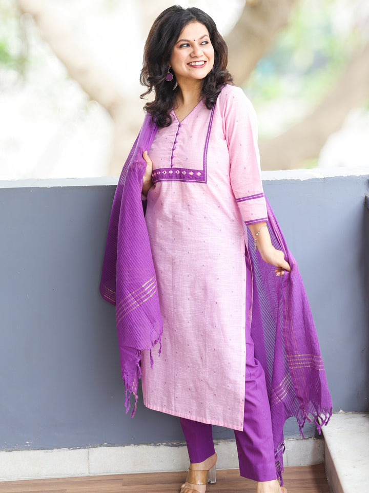 Wamiqa Soft Baby Pink Mirror Work with Thread Weaved Handloom Cotton 3 Piece Set