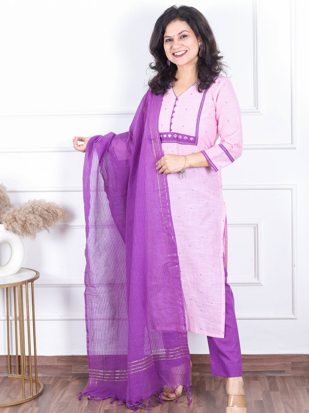 Wamiqa Soft Baby Pink Mirror Work with Thread Weaved Handloom Cotton 3 Piece Set