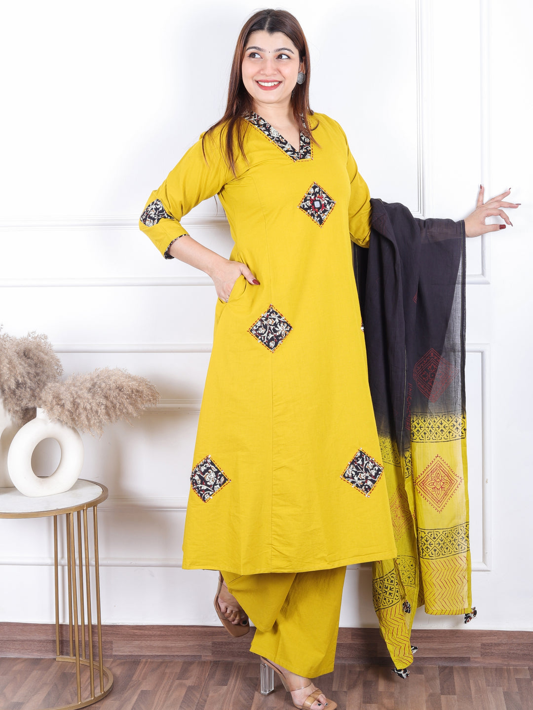 Aahista Dijon Yellow V Neck Ajrak Print Applique Patch with Mirror Panel Cotton 3 Piece Set