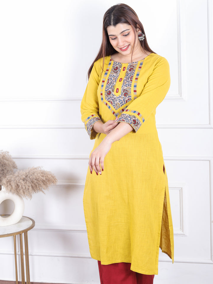 Dashtaan Turmeric Yellow Kalamkari Print Patch with Mirror Work Cotton Kurti