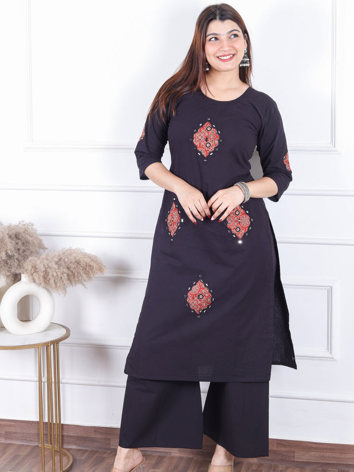 Chanda Ebony Black Applique Patch Work with Mirror Cotton 2 Piece Set