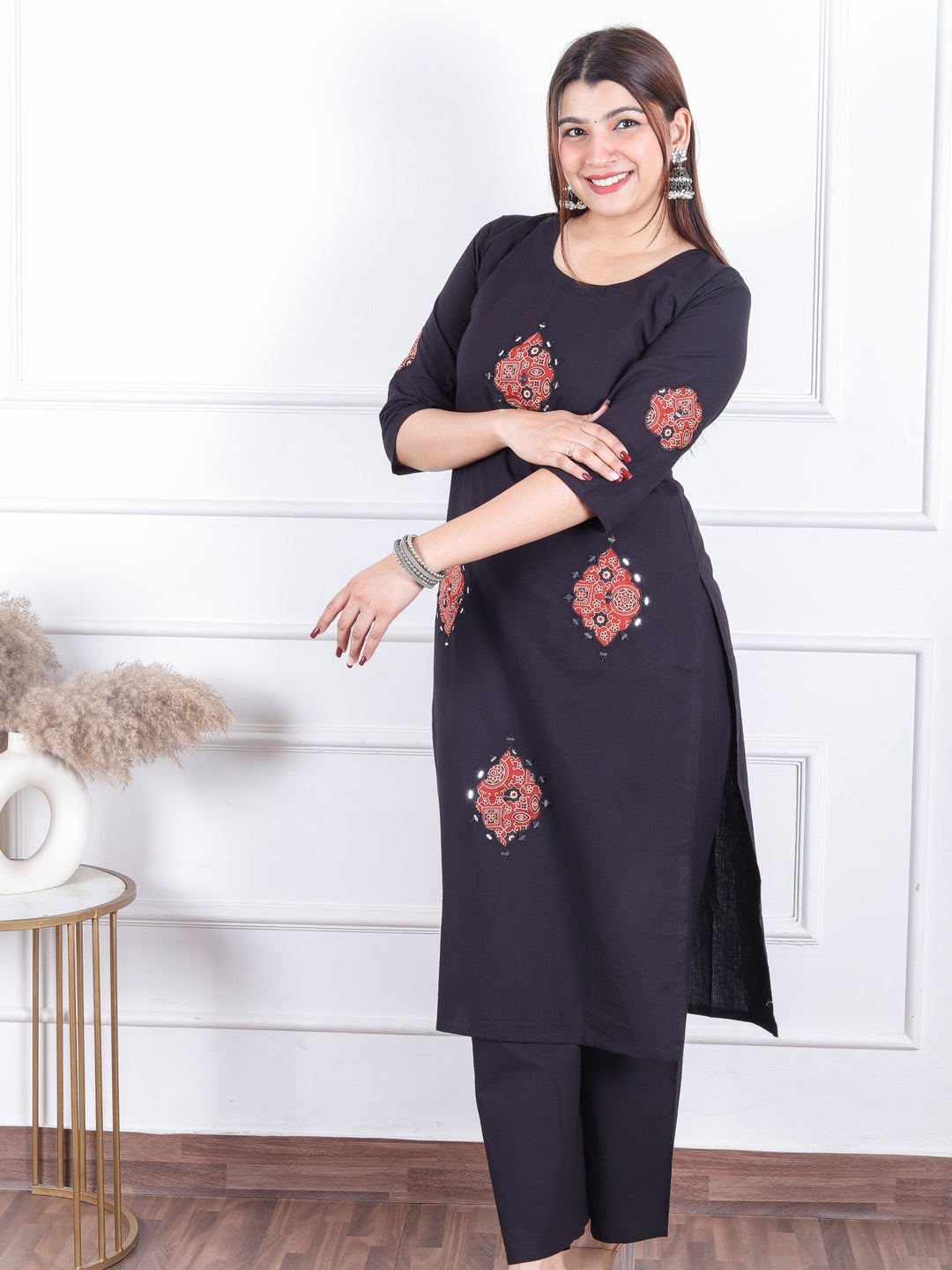 Chanda Ebony Black Applique Patch Work with Mirror Cotton 2 Piece Set