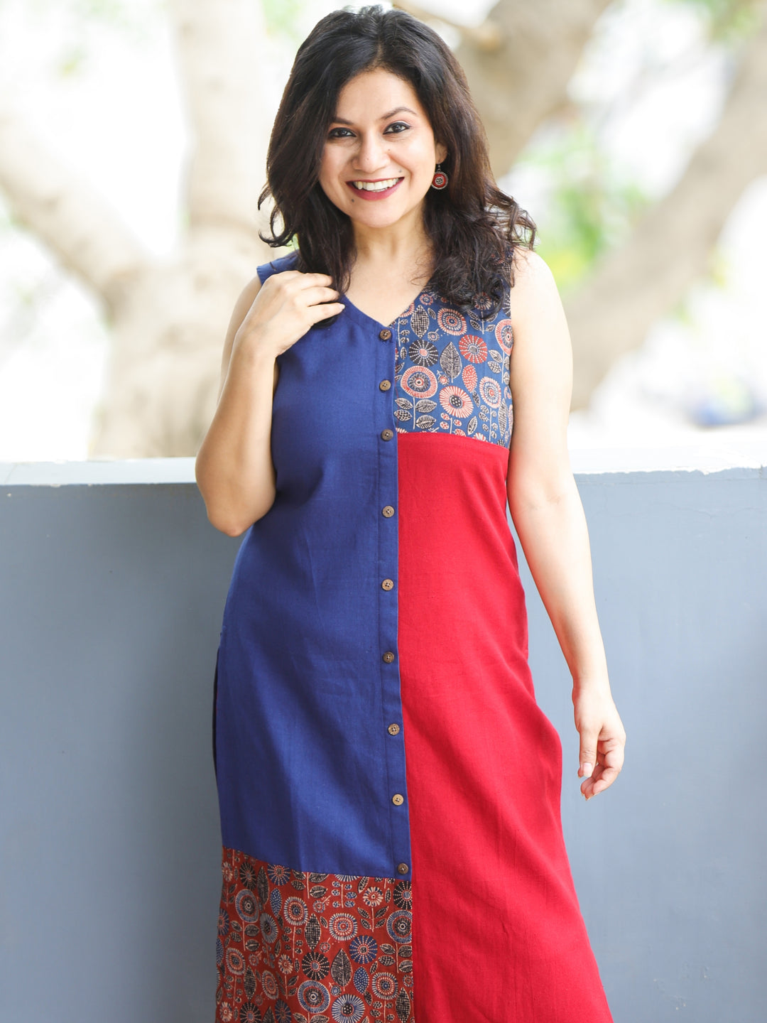 Dashtaan Royal Blue Ajrak Print Panelled Button Down with Sleveless V Neck Cotton kurti