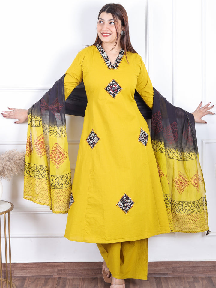 Aahista Dijon Yellow V Neck Ajrak Print Applique Patch with Mirror Panel Cotton 3 Piece Set
