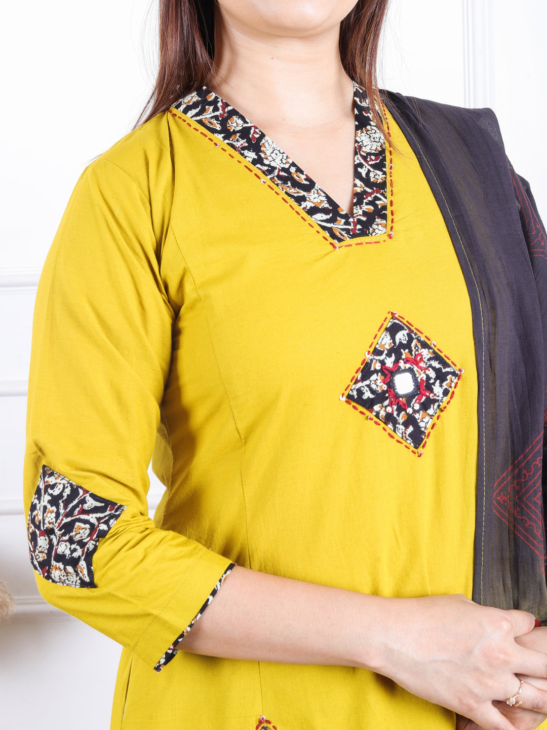 Aahista Dijon Yellow V Neck Ajrak Print Applique Patch with Mirror Panel Cotton 3 Piece Set