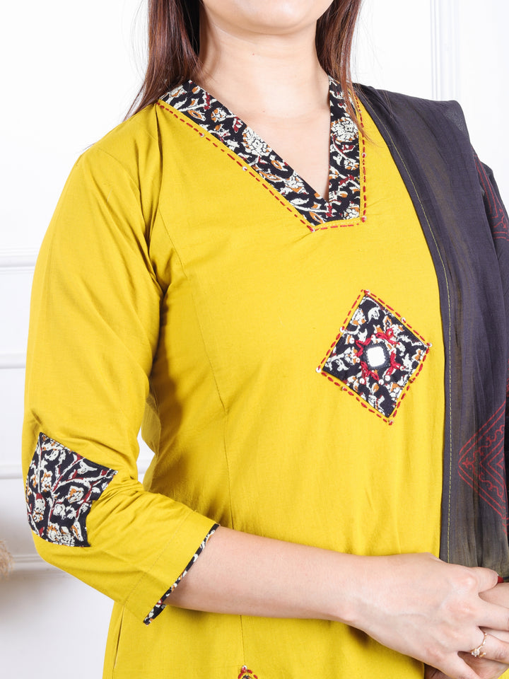 Aahista Dijon Yellow V Neck Ajrak Print Applique Patch with Mirror Panel Cotton 3 Piece Set