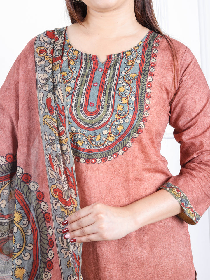 Gulkand Blush Pink Kalamkari Print Patch with Mirror Work Cotton 3 Piece Set