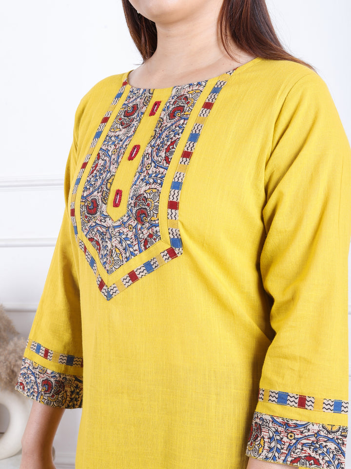 Dashtaan Turmeric Yellow Kalamkari Print Patch with Mirror Work Cotton Kurti