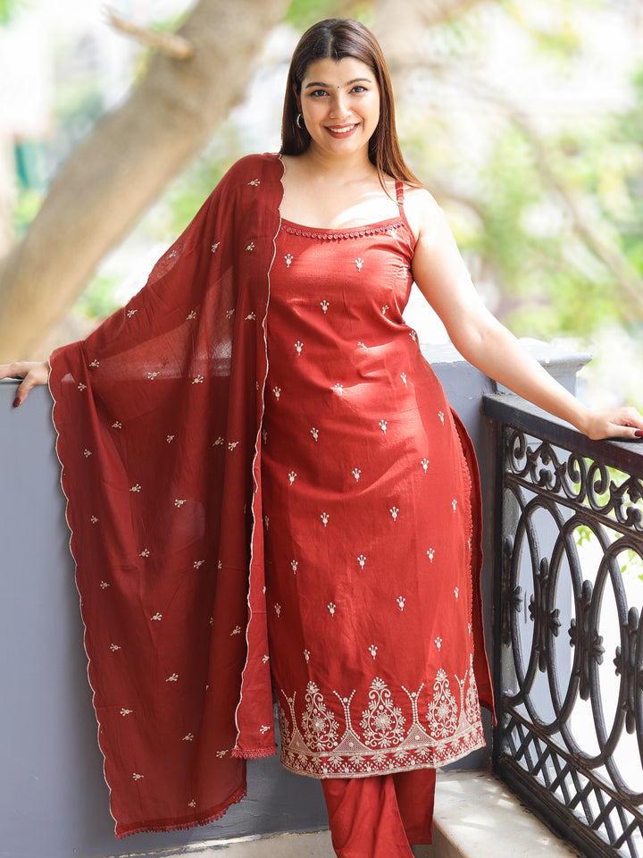 Aahista Burnt Rust Lace Work with Embriodered Hem with Buti Work Cotton 3 Piece Set