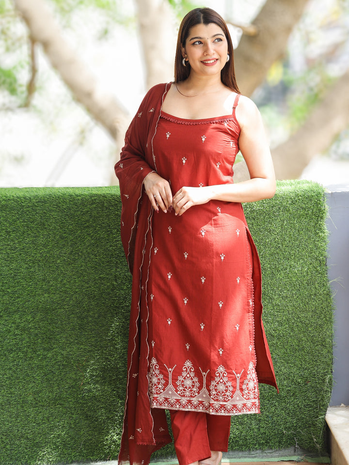 Aahista Burnt Rust Lace Work with Embriodered Hem with Buti Work Cotton 3 Piece Set
