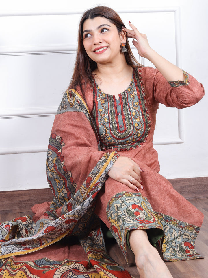 Gulkand Blush Pink Kalamkari Print Patch with Mirror Work Cotton 3 Piece Set