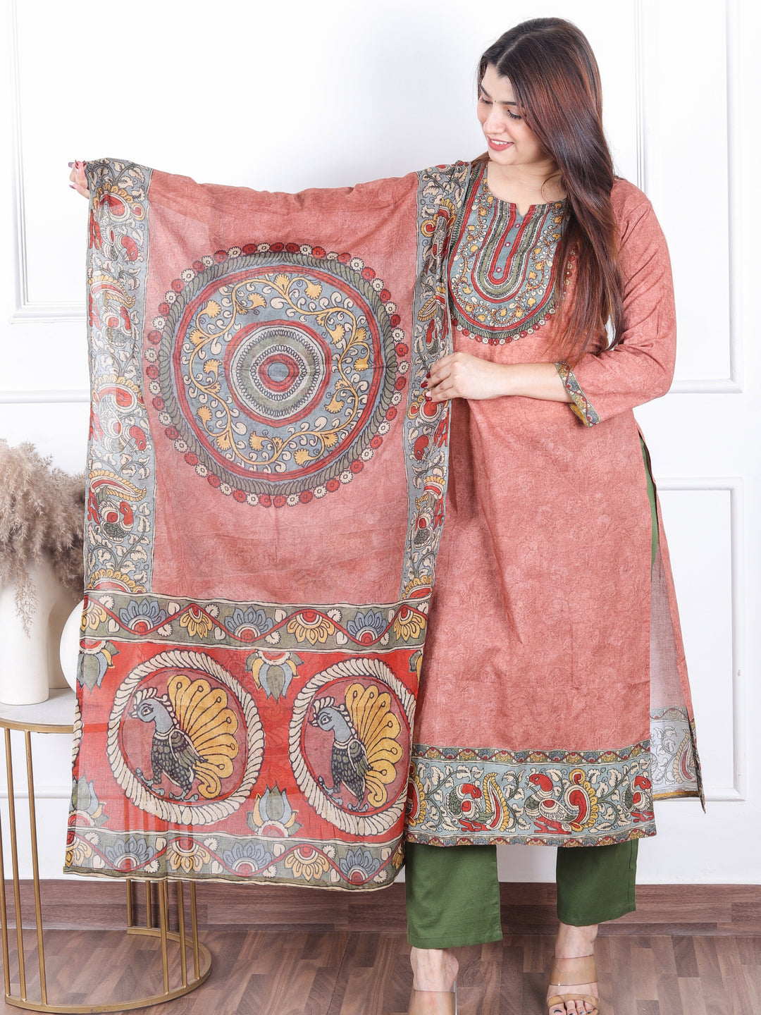 Gulkand Blush Pink Kalamkari Print Patch with Mirror Work Cotton 3 Piece Set