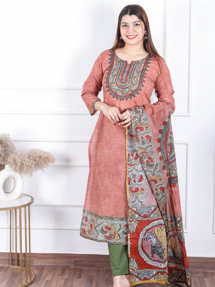 Gulkand Blush Pink Kalamkari Print Patch with Mirror Work Cotton 3 Piece Set