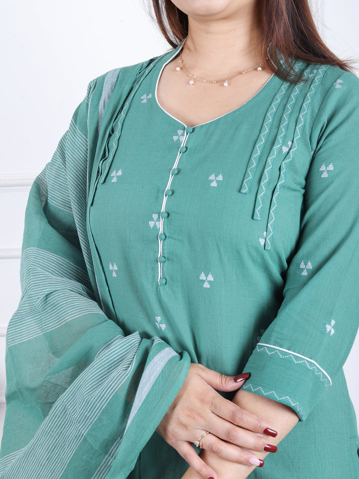 Rukshat Sage Green All Over Thread Weaved with Potli Button Handloom Cotton 3 Piece Set