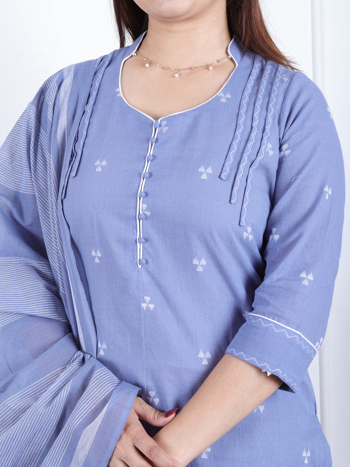 Rukshat Slate Gray All Over Thread Weaved with Potli Button Handloom Cotton 3 Piece Set