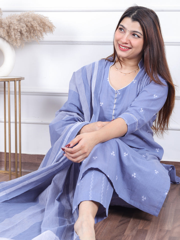 Rukshat Slate Gray All Over Thread Weaved with Potli Button Handloom Cotton 3 Piece Set