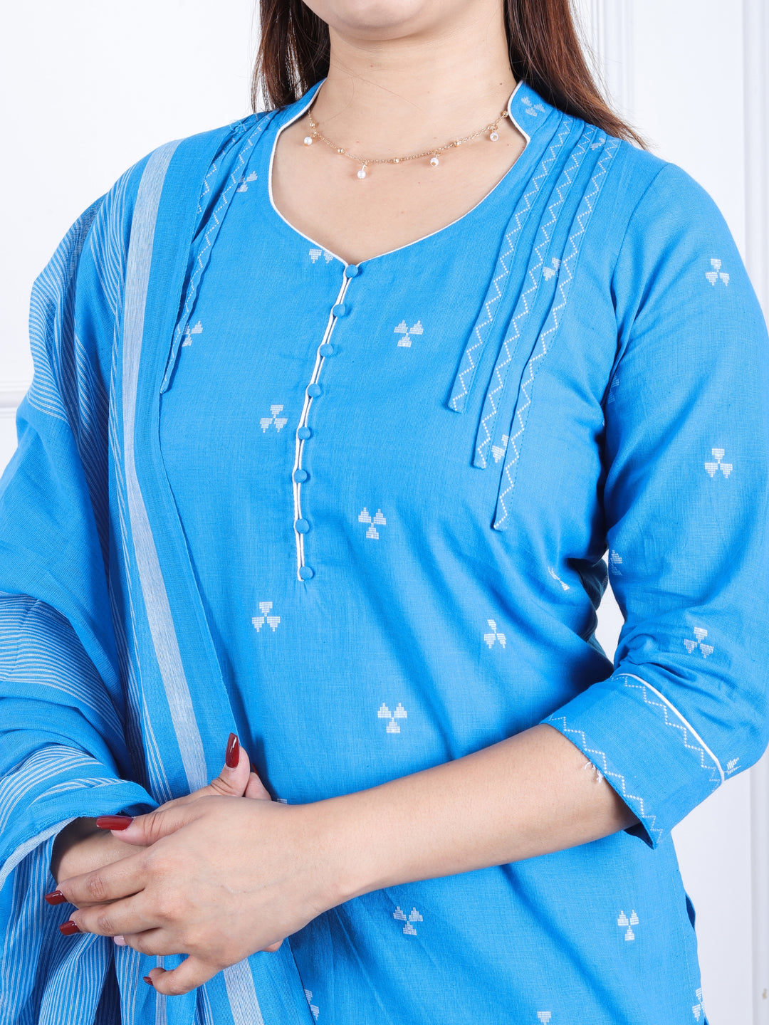 Rukshat Electric Blue All Over Thread Weaved with Potli Button Handloom Cotton 3 Piece Set