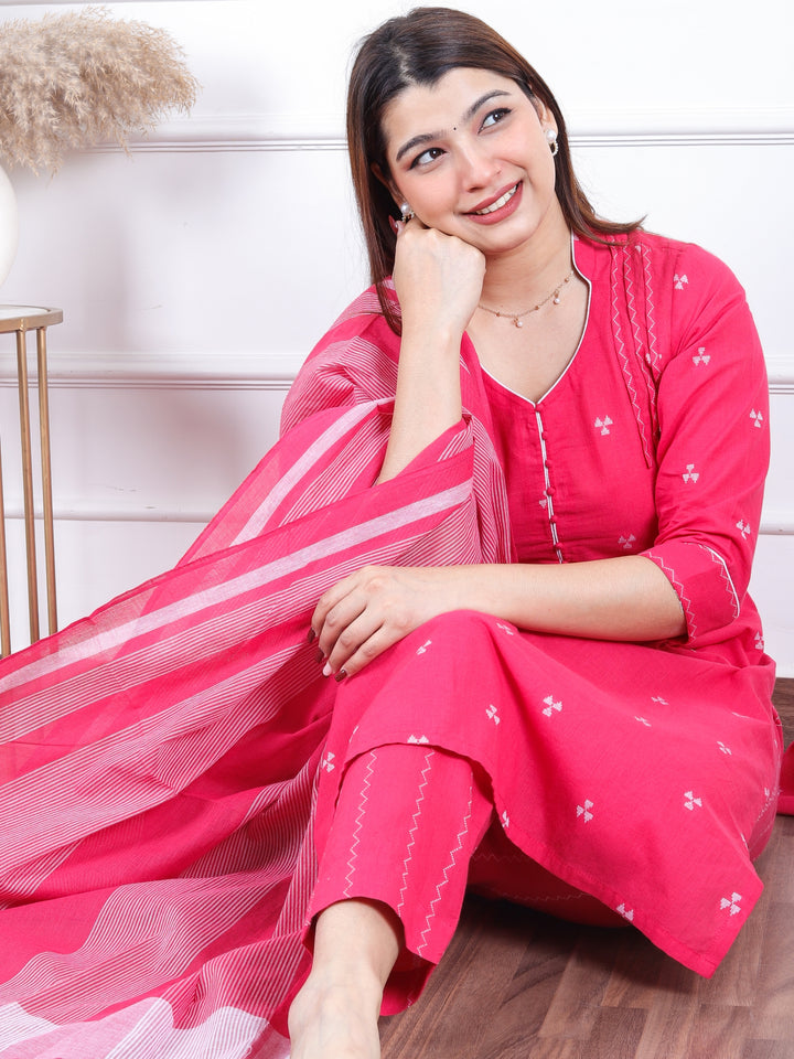 Rukshat Barbie Pink All Over Thread Weaved with Potli Button Handloom Cotton 3 Piece Set