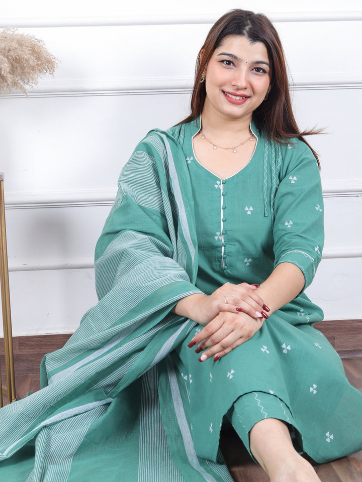 Rukshat Sage Green All Over Thread Weaved with Potli Button Handloom Cotton 3 Piece Set