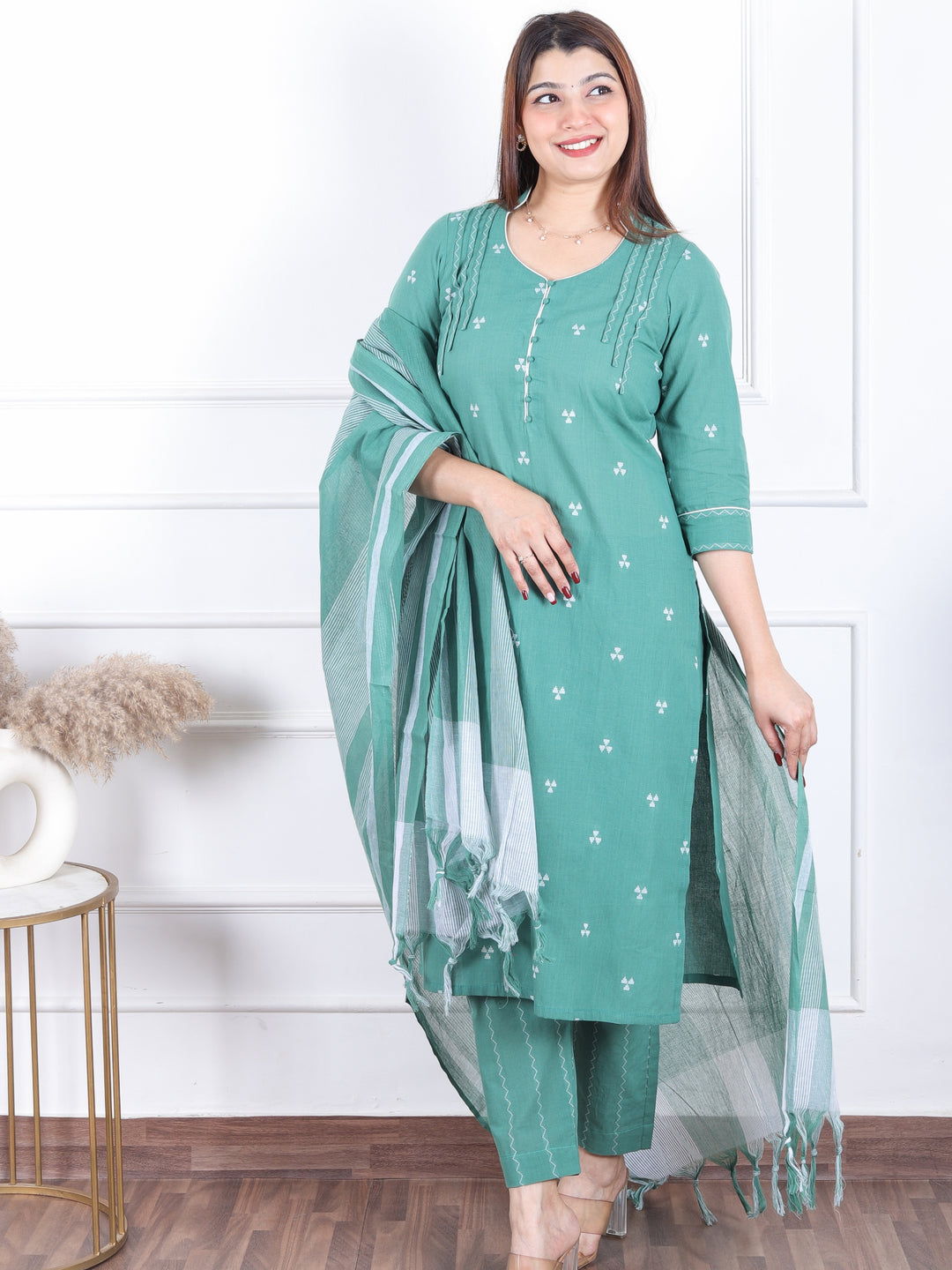 Rukshat Sage Green All Over Thread Weaved with Potli Button Handloom Cotton 3 Piece Set