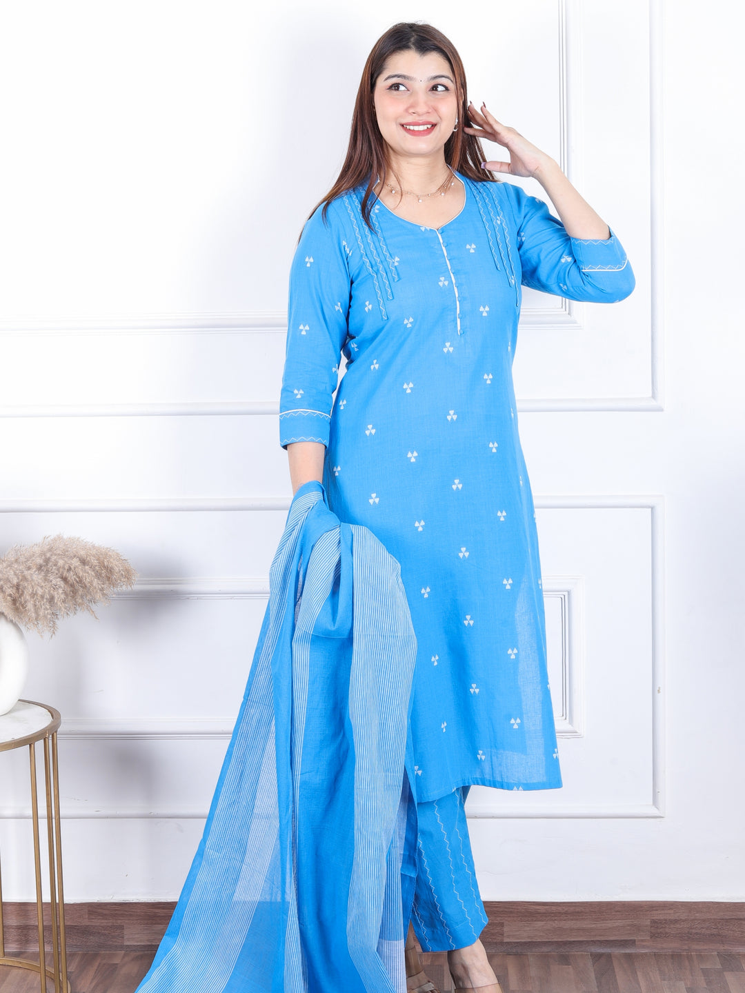 Rukshat Electric Blue All Over Thread Weaved with Potli Button Handloom Cotton 3 Piece Set