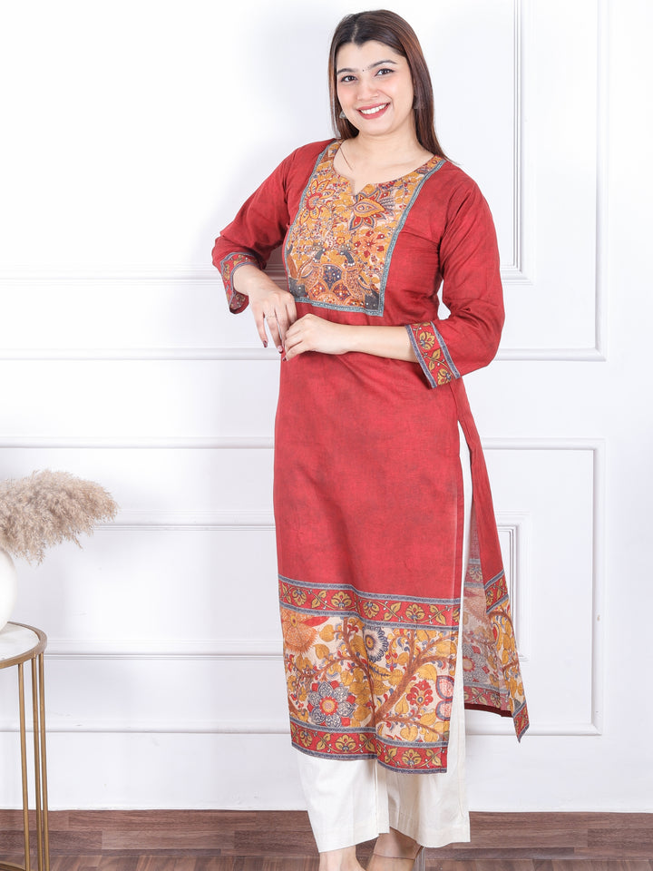 Dashtaan Burnt Orange Kalamkari Patch with Kantha Detailing Cotton Kurti