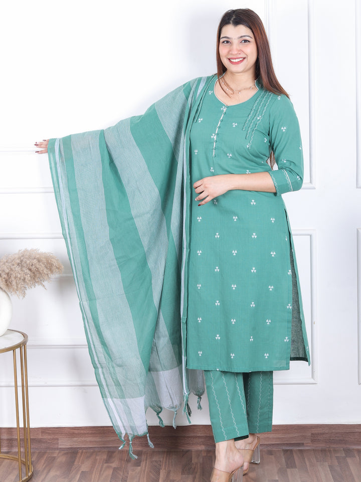 Rukshat Sage Green All Over Thread Weaved with Potli Button Handloom Cotton 3 Piece Set