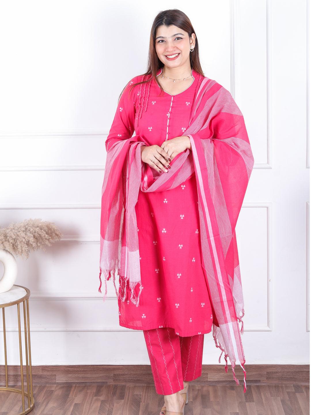 Rukshat Barbie Pink All Over Thread Weaved with Potli Button Handloom Cotton 3 Piece Set