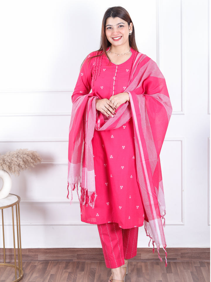 Rukshat Barbie Pink All Over Thread Weaved with Potli Button Handloom Cotton 3 Piece Set