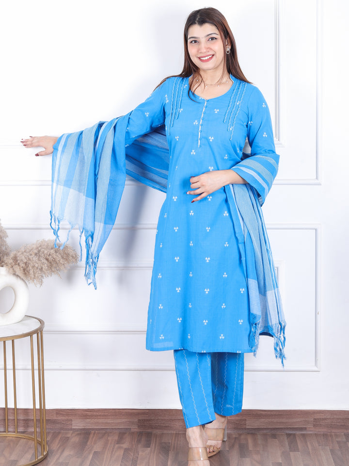 Rukshat Electric Blue All Over Thread Weaved with Potli Button Handloom Cotton 3 Piece Set