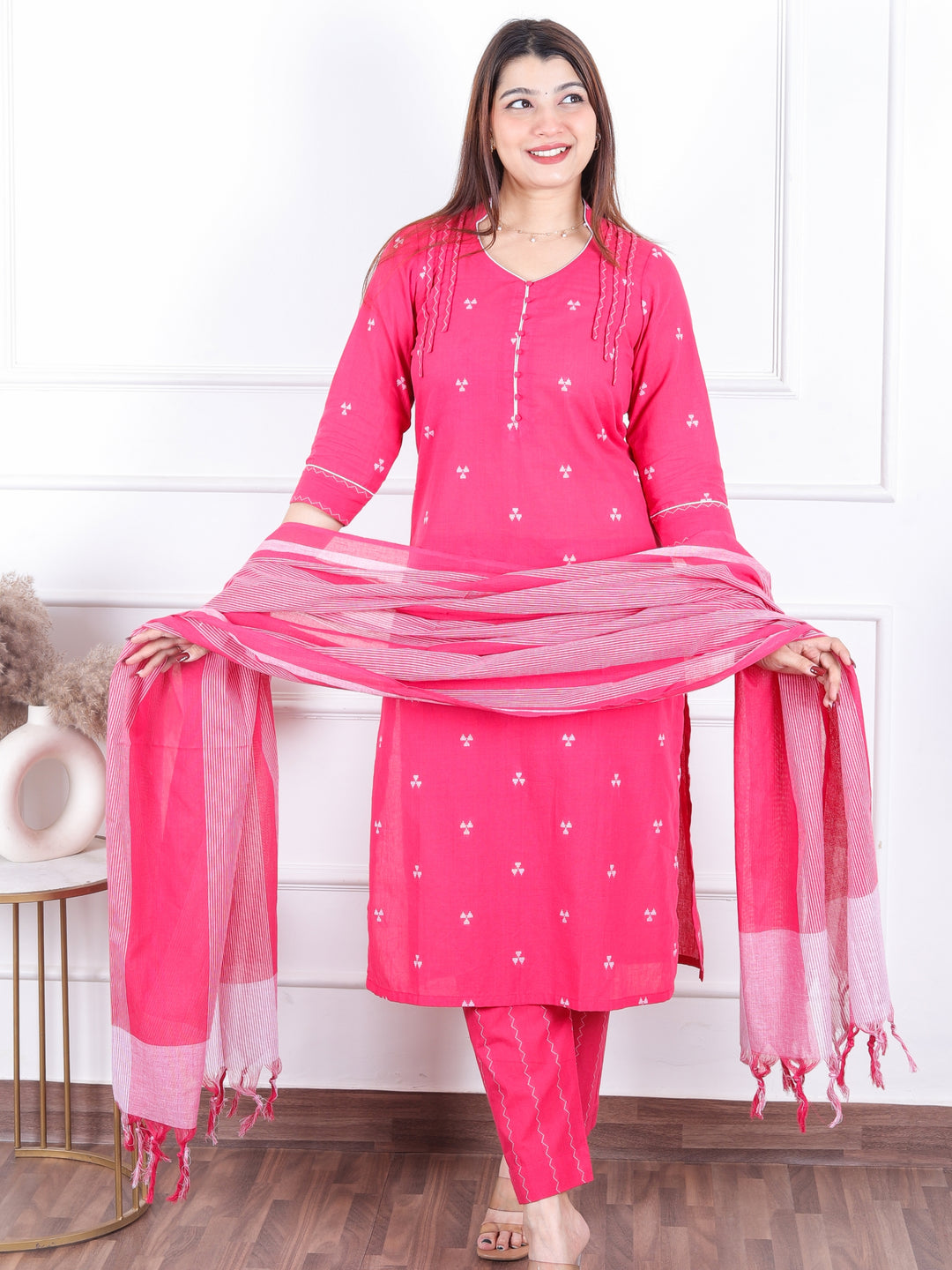 Rukshat Barbie Pink All Over Thread Weaved with Potli Button Handloom Cotton 3 Piece Set