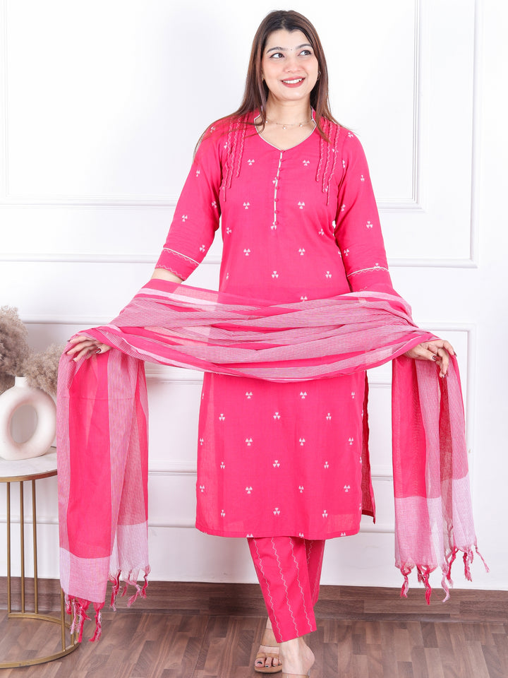 Rukshat Barbie Pink All Over Thread Weaved with Potli Button Handloom Cotton 3 Piece Set