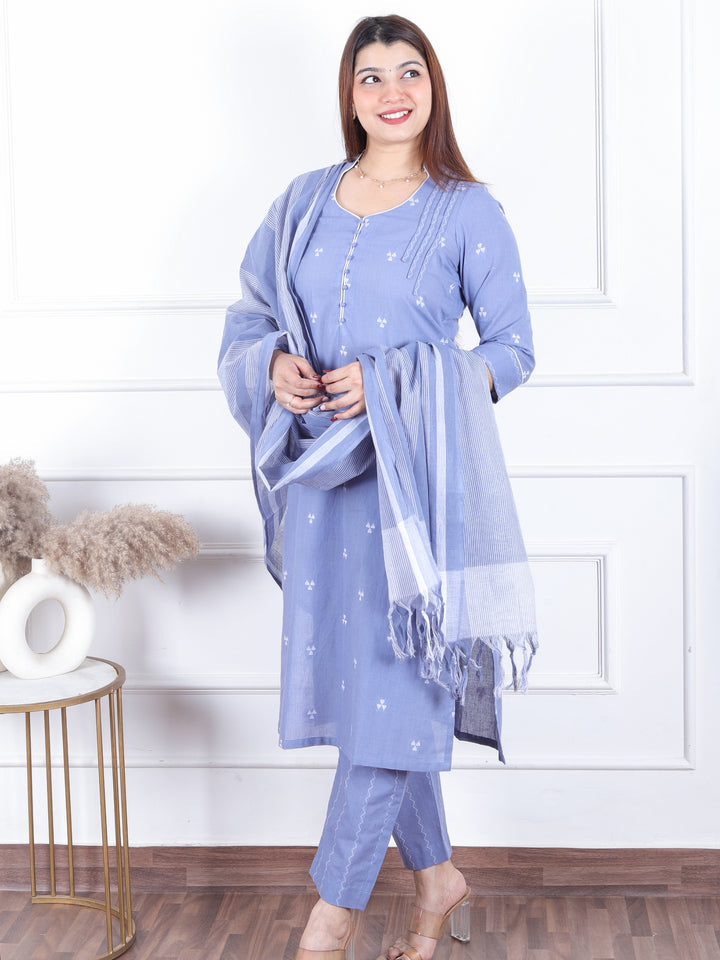 Rukshat Slate Gray All Over Thread Weaved with Potli Button Handloom Cotton 3 Piece Set