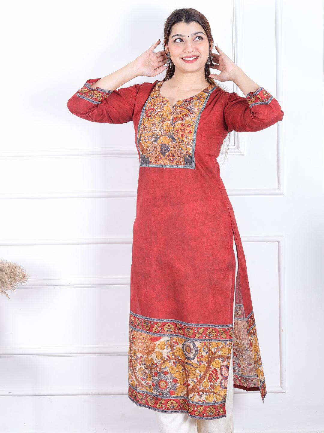 Dashtaan Burnt Orange Kalamkari Patch with Kantha Detailing Cotton Kurti