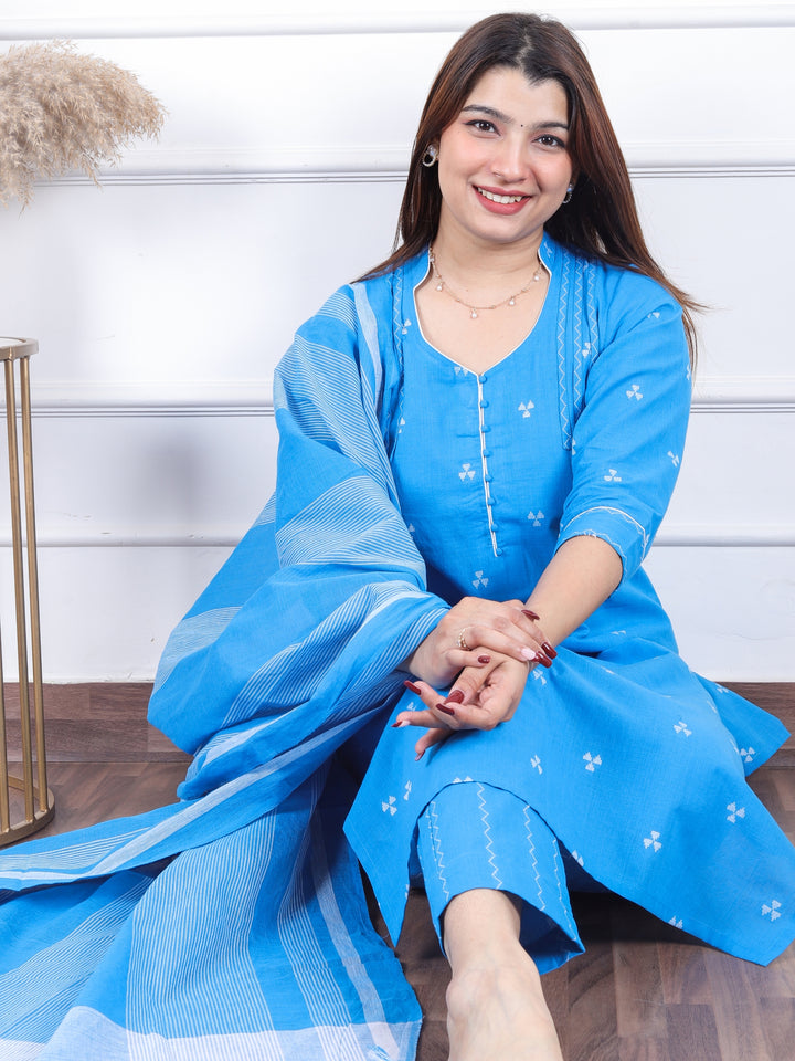 Rukshat Electric Blue All Over Thread Weaved with Potli Button Handloom Cotton 3 Piece Set